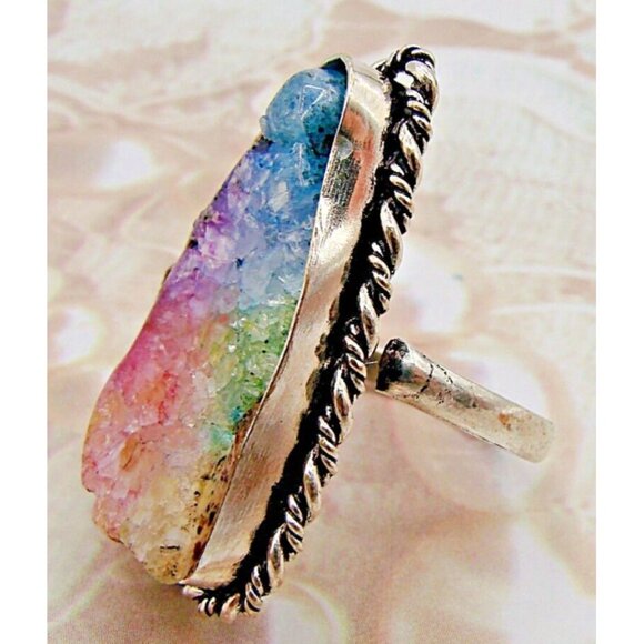 Ametrine Ring Rough Cut Crystal Stone 925 Marked Sterling Silver Plated Size 8 - Picture 10 of 12